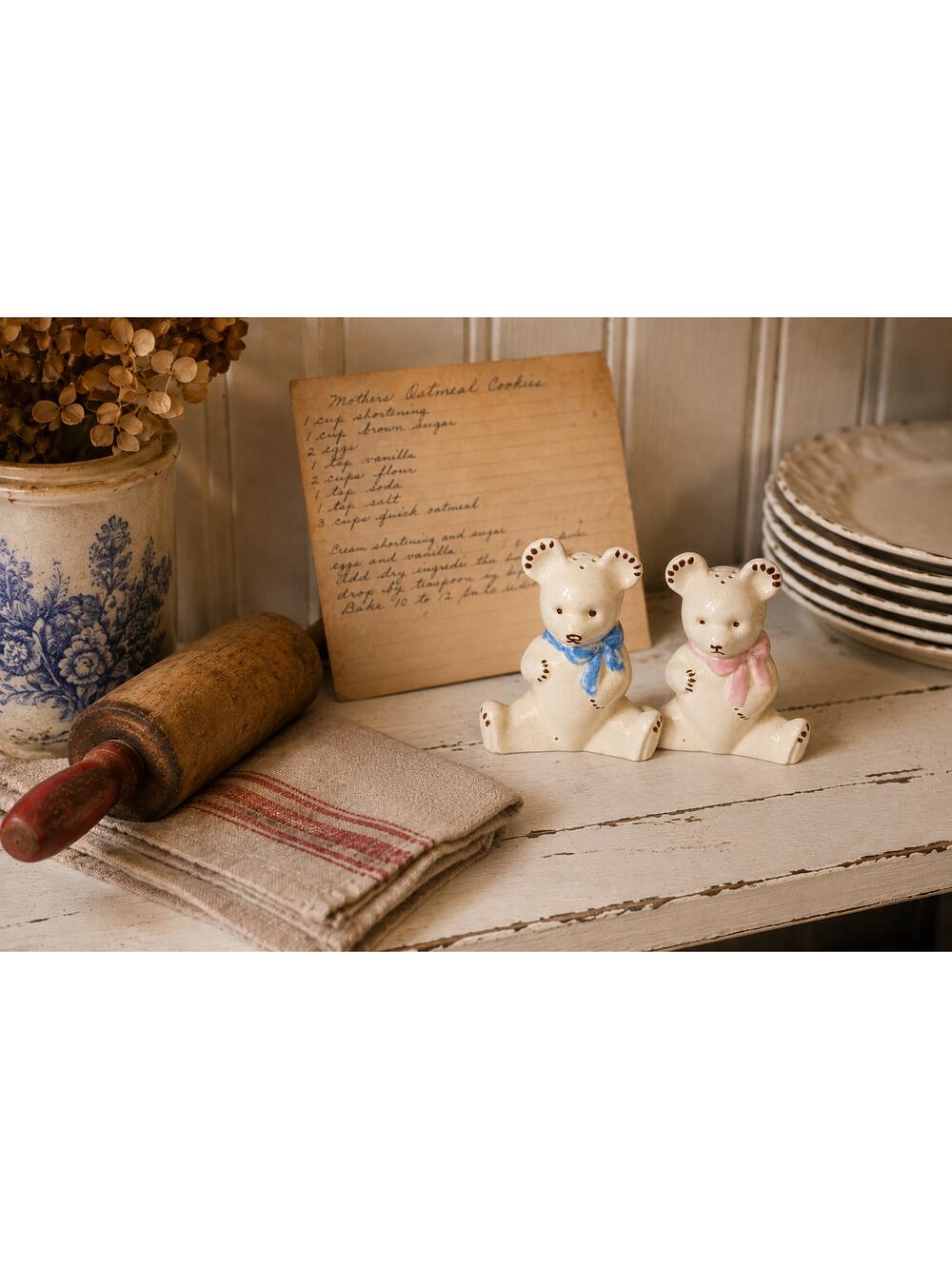 Vintage Bear Salt & Pepper Shakers Pink & Blue Bow Ceramic Pair
